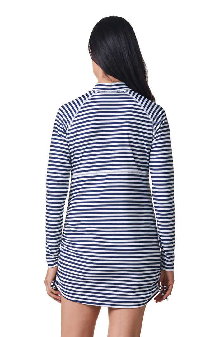 Women's Ruche Long Sleeve Swim Shirt | White/Navy Stripe