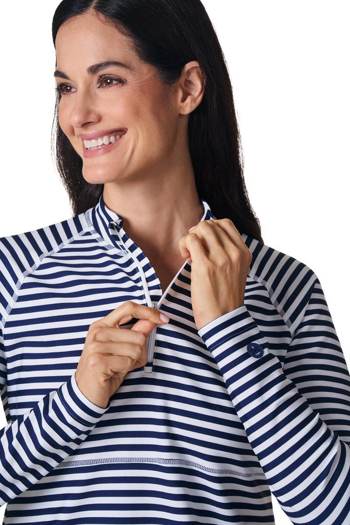 Women's Ruche Long Sleeve Swim Shirt | White/Navy Stripe