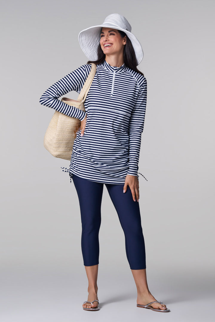 Women's Ruche Long Sleeve Swim Shirt | White/Navy Stripe