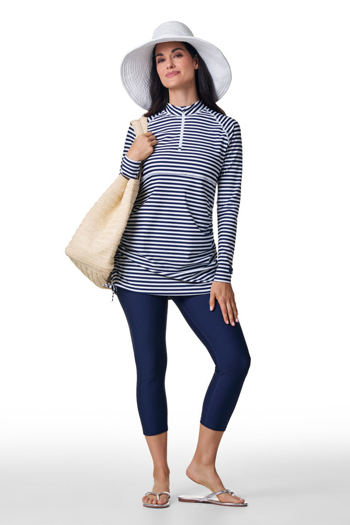 Women's Ruche Long Sleeve Swim Shirt | White/Navy Stripe