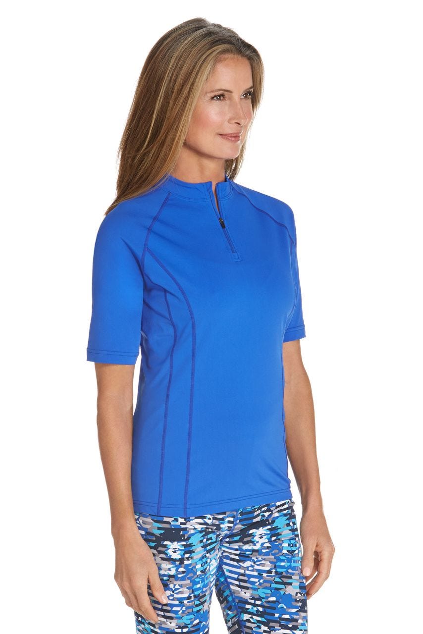 Reorg Rash Guard Blue Women's Short Sleeve Rash Guard | Baja Blue UPF 50+