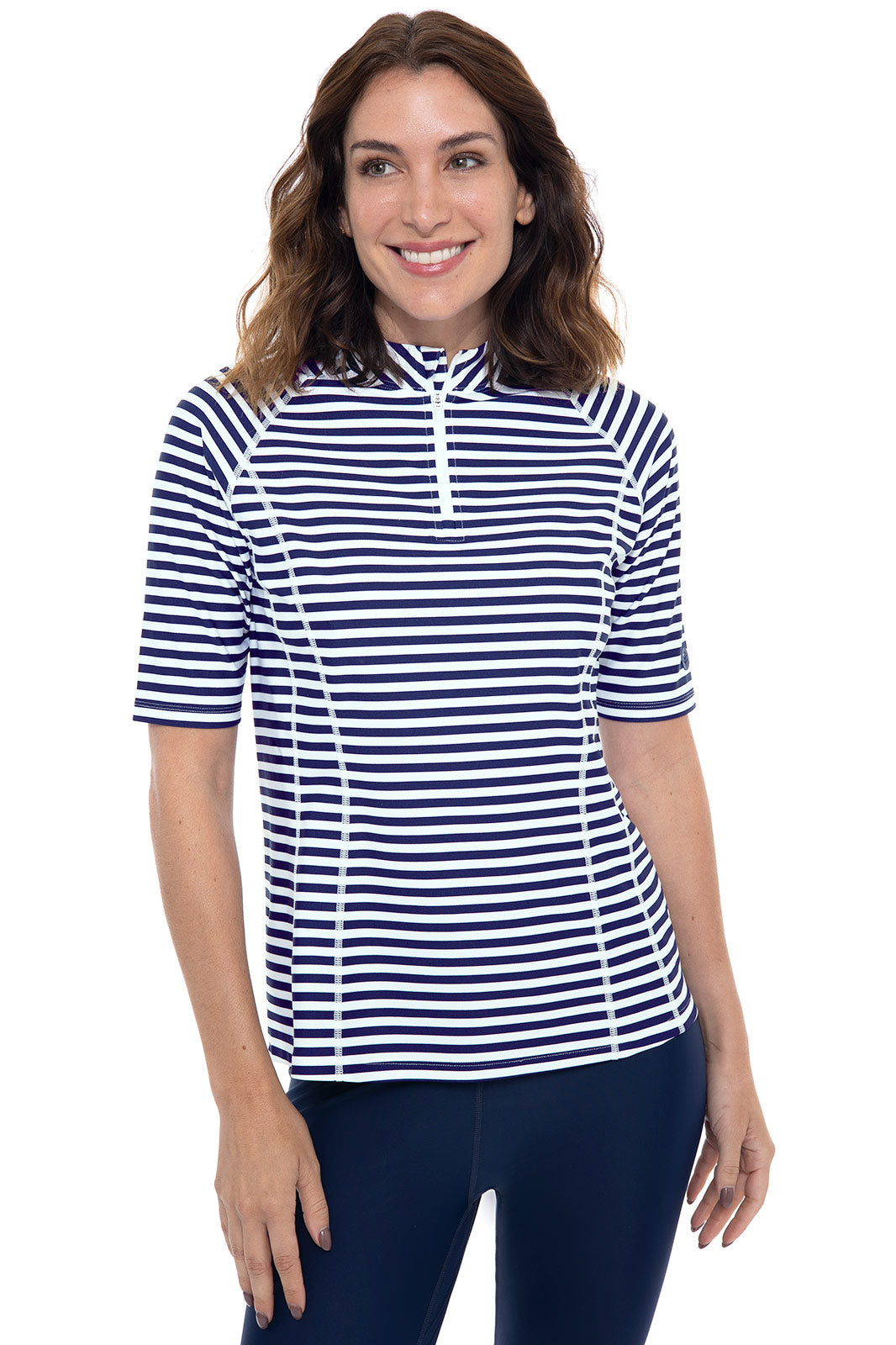 Women's Freestyle Short Sleeve Rash Guard | White/Navy Stripe UPF 50+