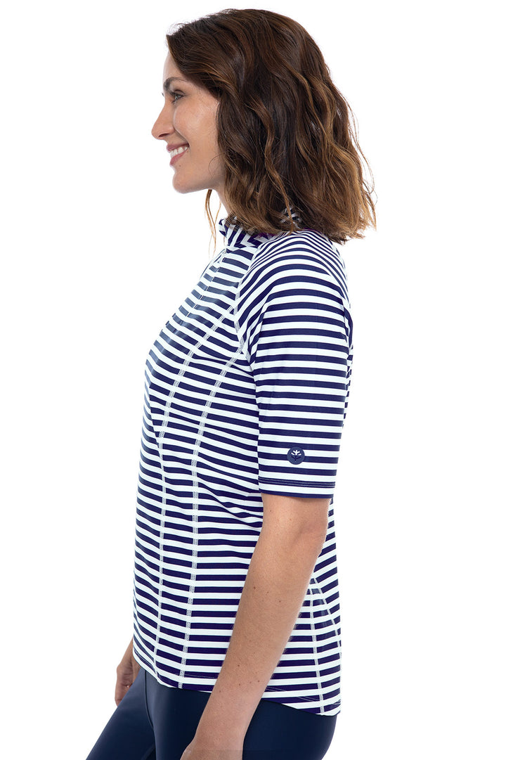 Women's Short Sleeve Rash Guard | White/Navy Stripe UPF 50+