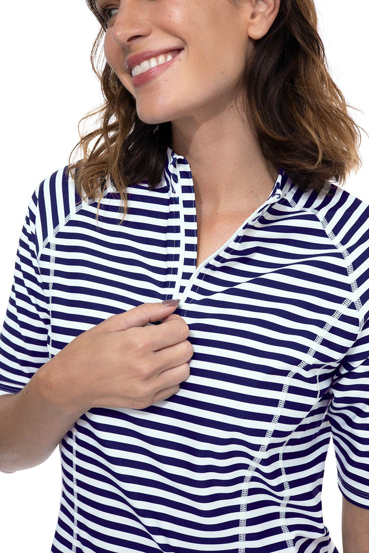 Women's Short Sleeve Rash Guard | White/Navy Stripe UPF 50+