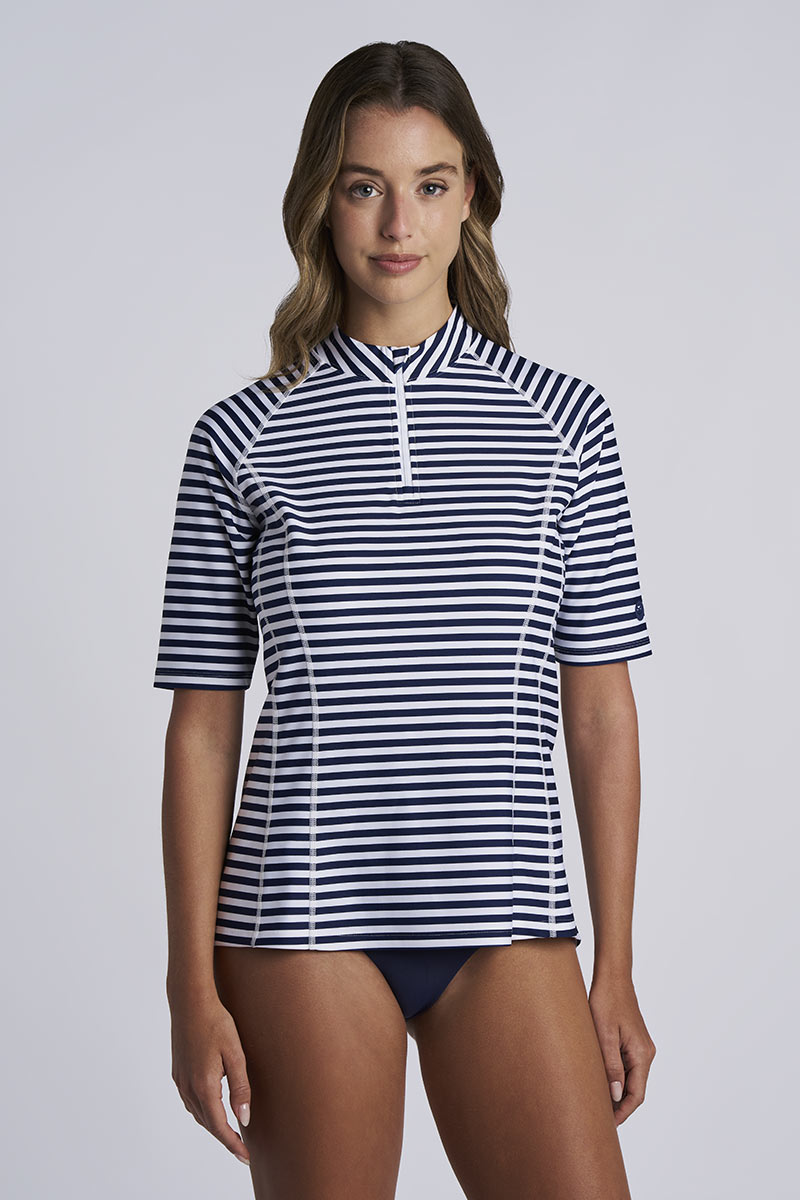 【タイムセール中‼️】2WAY GATHER RASH GUARD BLOUSE Women's Freestyle Short Sleeve Rash Guard | White/Navy Stripe UPF 50+