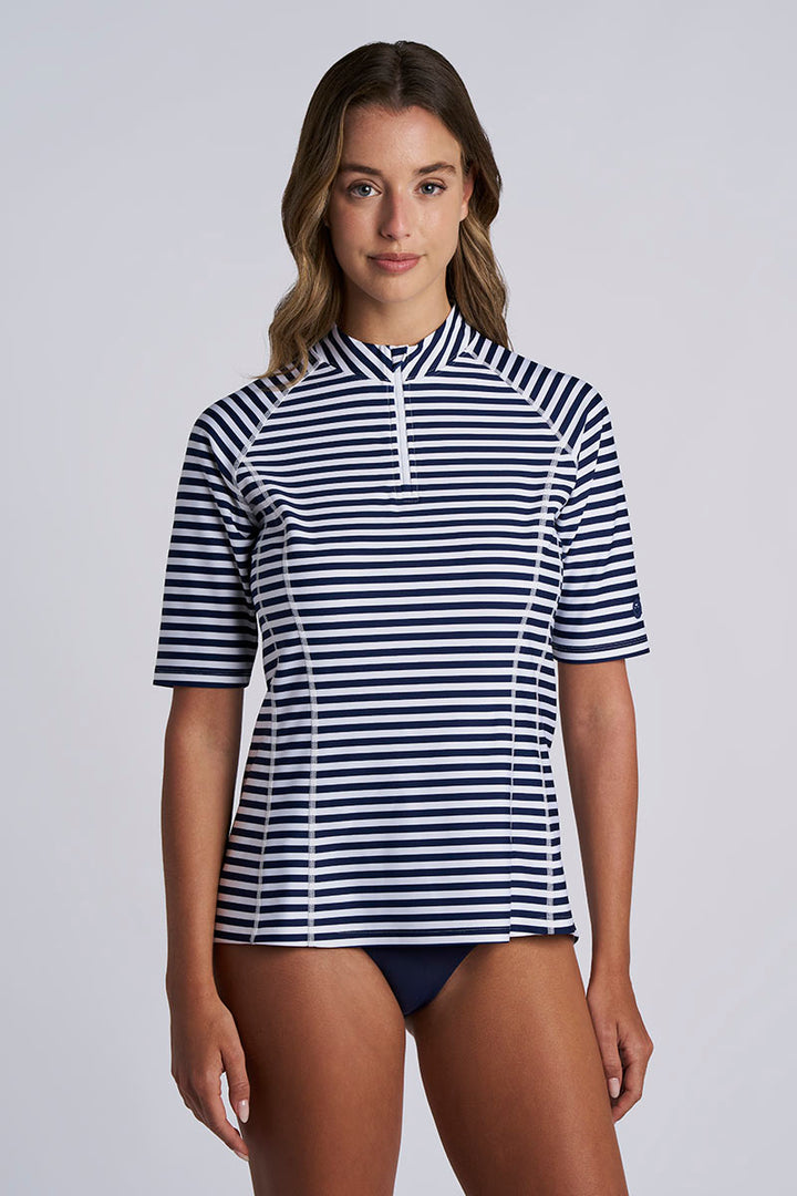 Women's Freestyle Short Sleeve Rash Guard | White/Navy Stripe UPF 50+