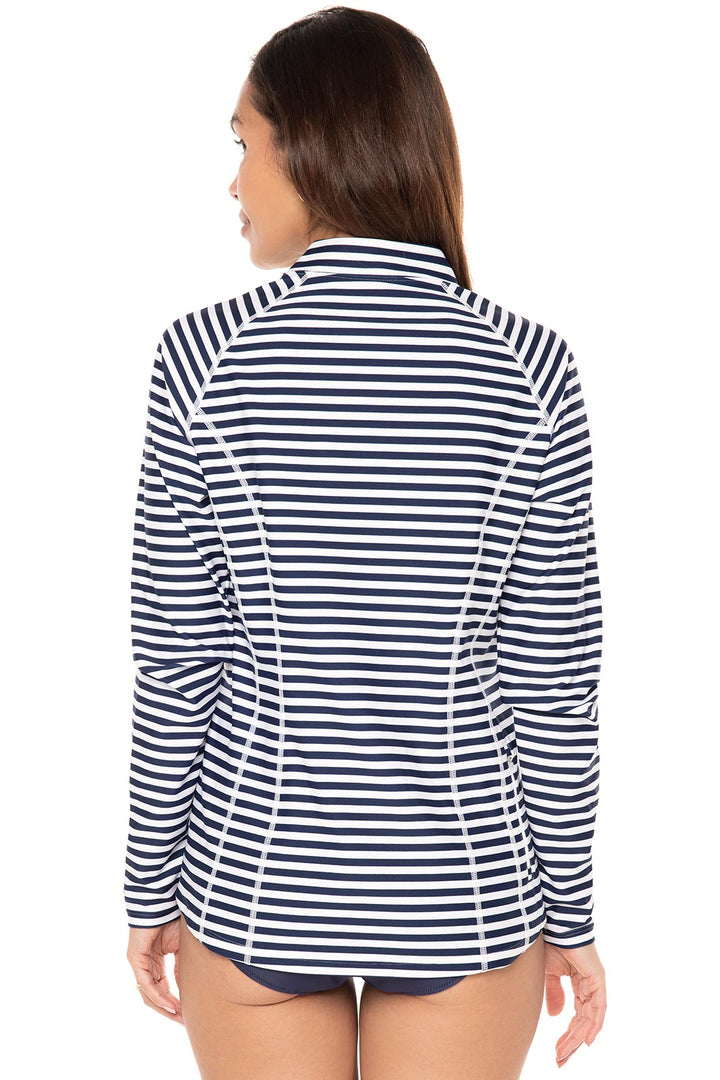Women's Quarter Zip Rash Guard with Long Sleeves | White/Navy Stripe ...