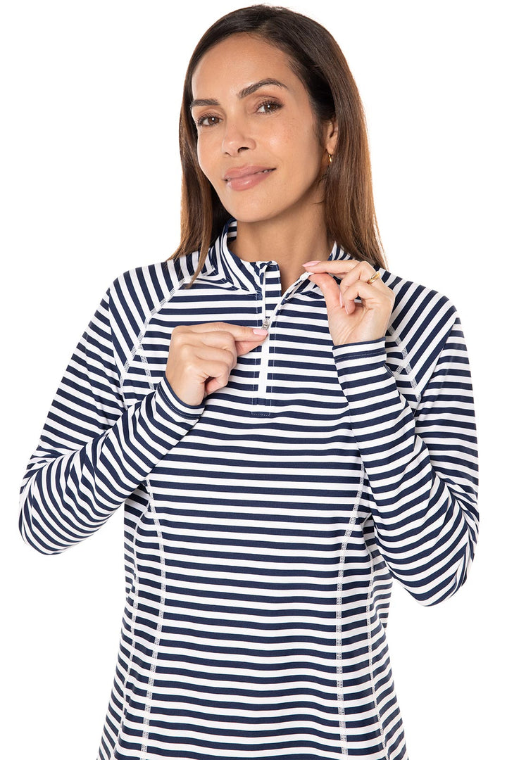 Women's Quarter Zip Rash Guard with Long Sleeves | White/Navy Stripe ...