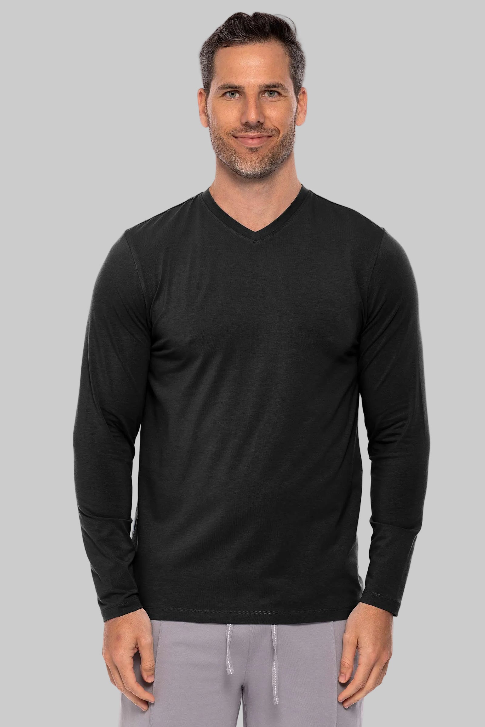Men's V-Neck Long Sleeve T-Shirt | Black UPF 50+