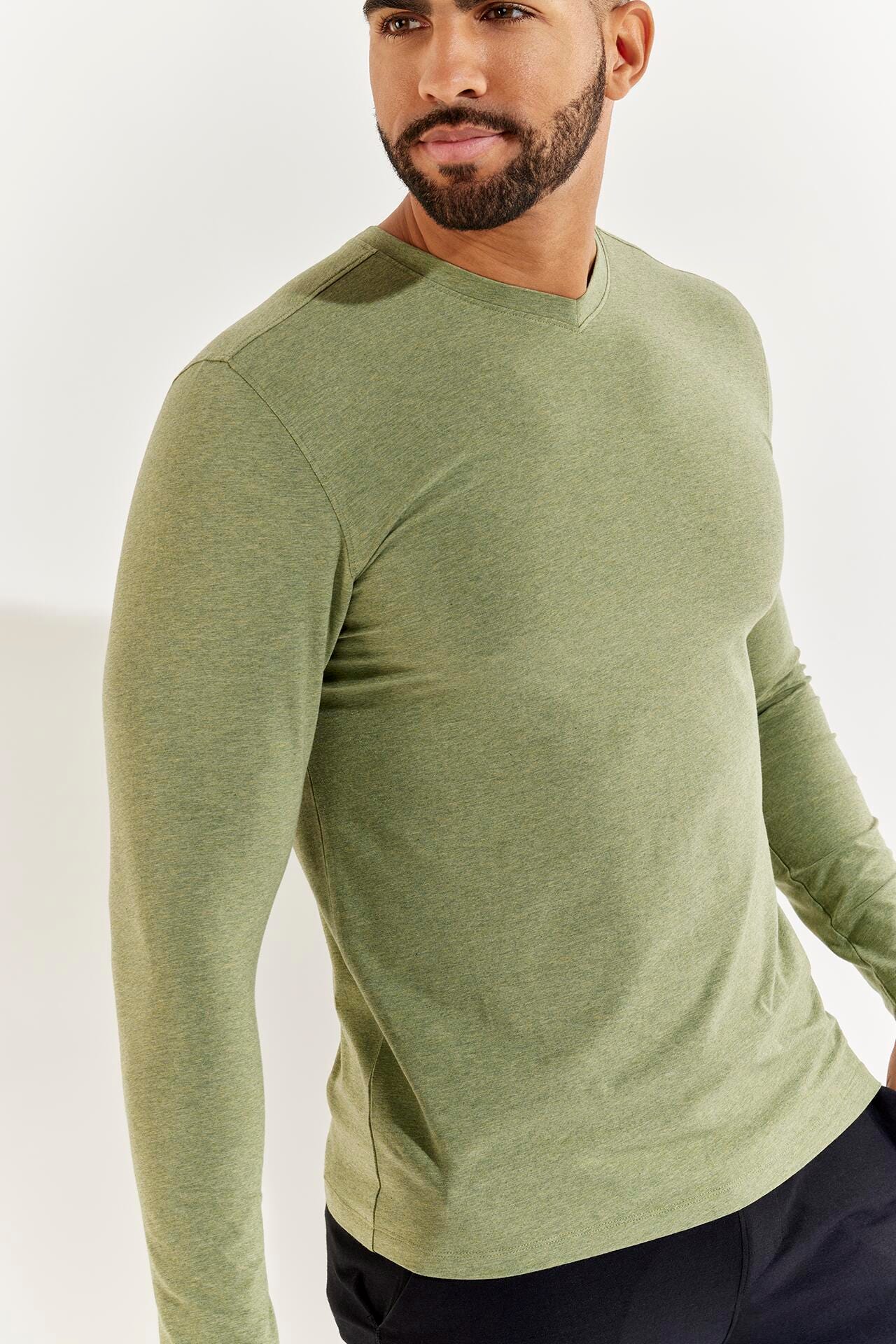 Coolibar UPF 50+ Men's Morada Everyday Long Sleeve V-Neck T-Shirt - Sun Protective (X-Large- Light Green Heather)