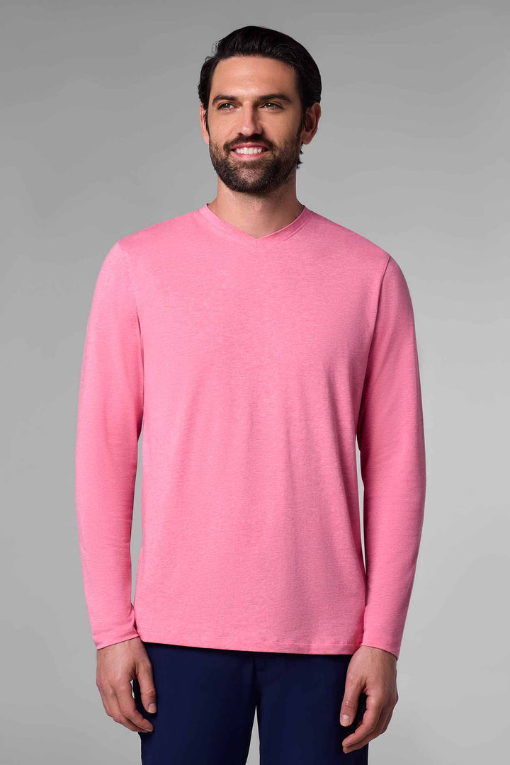 Men's V-Neck Long Sleeve T-Shirt Flamingo Pink Heather