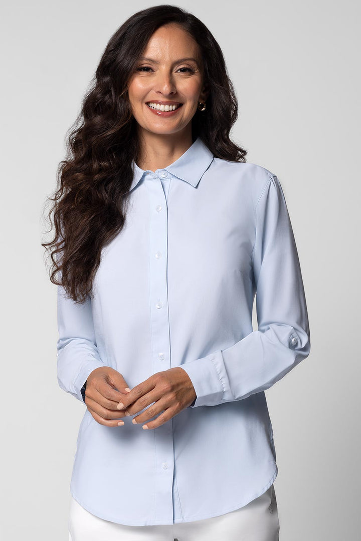 rolled up sleeves dress shirt Coolibar Women's Hepburn Shirt, Light Blue, Relaxed Fit, UPF 50+, Moisture Wicking