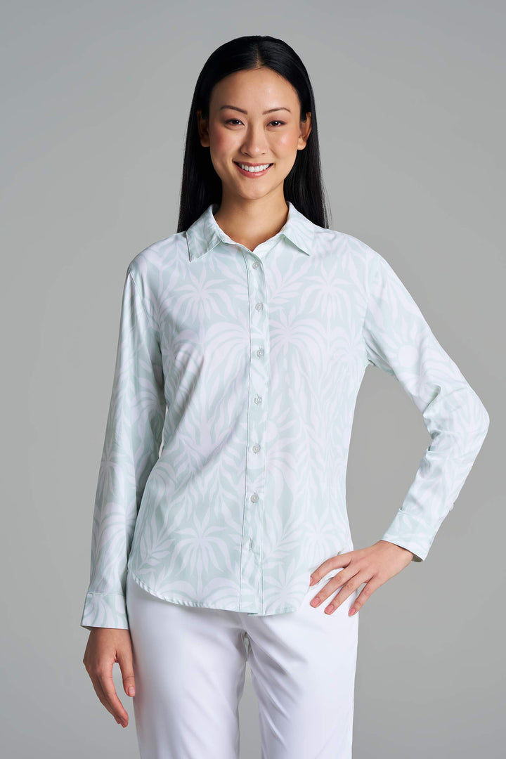 Women's Long Sleeve Shirt | Misty Aqua American Palm