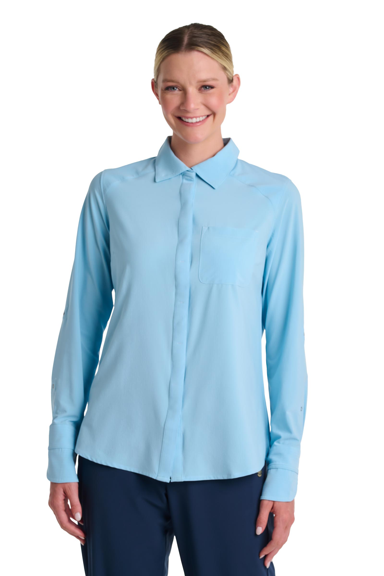 Women's Amara Smart Long Sleeve Shirt | Arctic Blue Stripe | UPF 50+ | Coolibar Women's Amara Smart Long Sleeve Shirt | Arctic Blue Stripe | UPF 50+ | Coolibar
