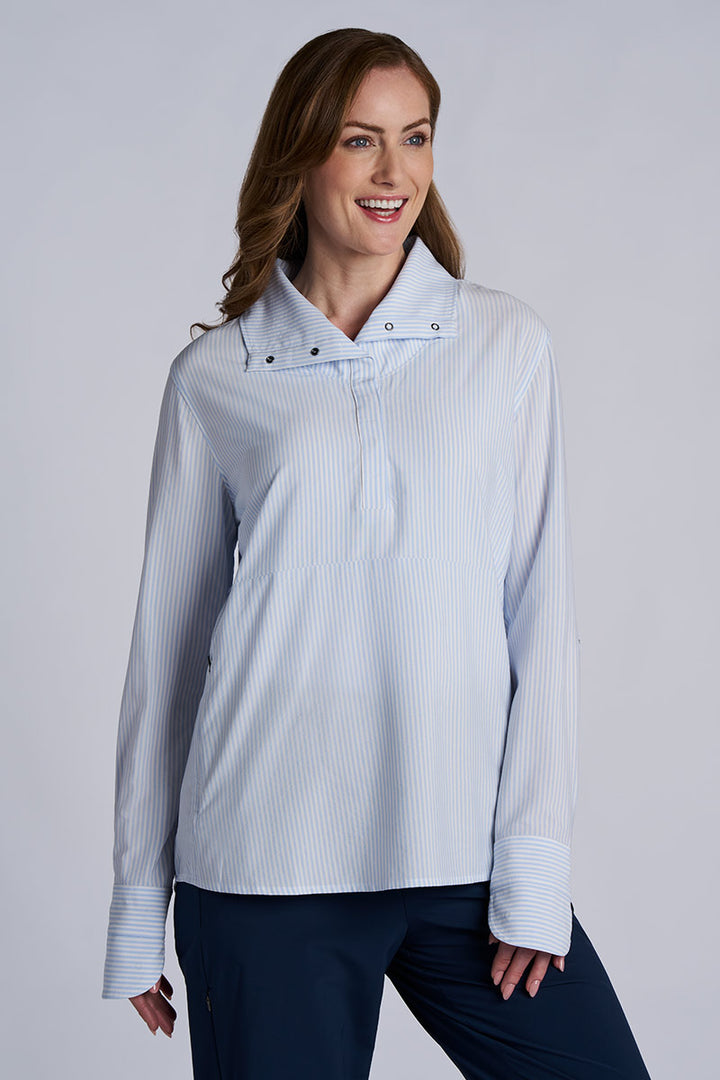 Women's Funnel Neck Long Sleeve Top | White/Periwinkle Stripe
