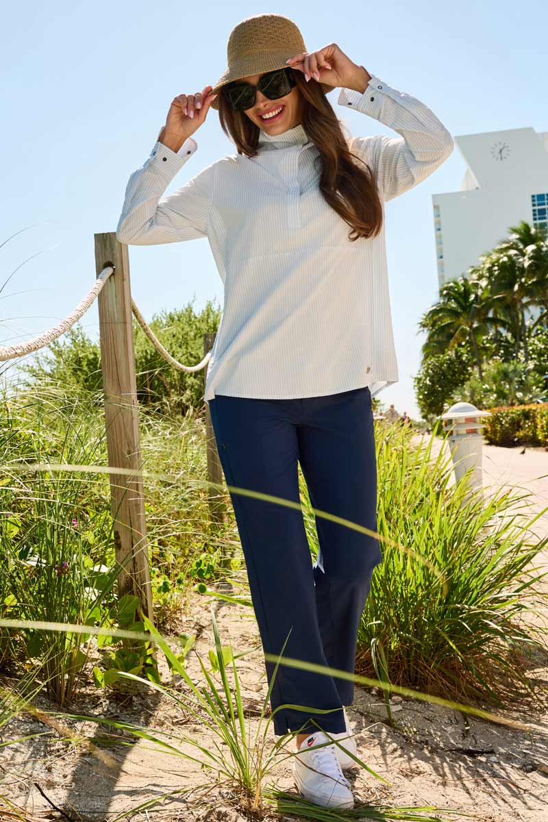 Women's Funnel Neck Long Sleeve Top | White/Navy Stripe UPF 50+