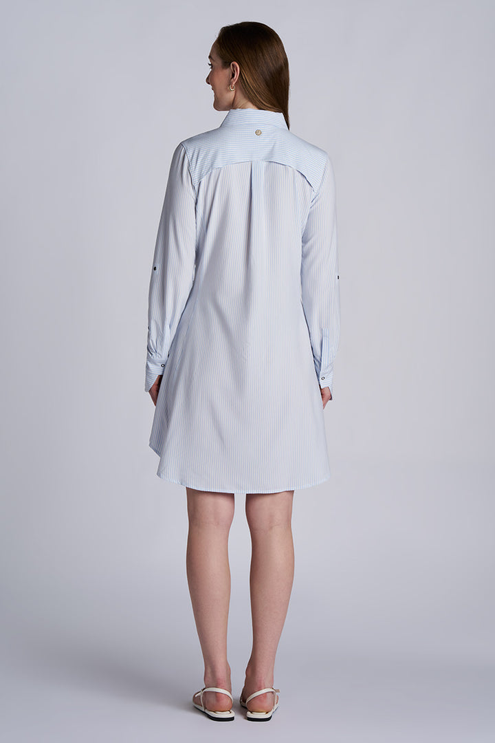 long sleeve travel dress Women's Malta Travel Dress | White/Periwinkle Stripe | UPF 50+