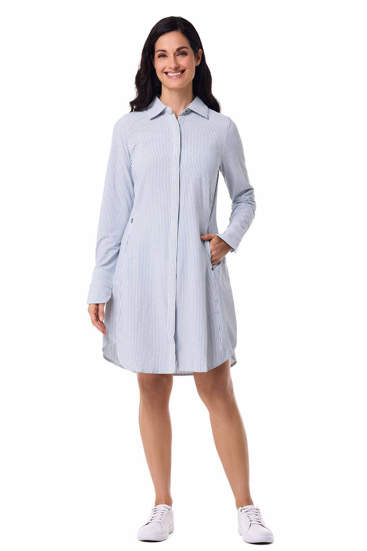 Women's Malta Travel Dress | White/Navy Stripe | UPF 50+ | Coolibar Women's Malta Travel Dress | White/Navy Stripe | UPF 50+ | Coolibar