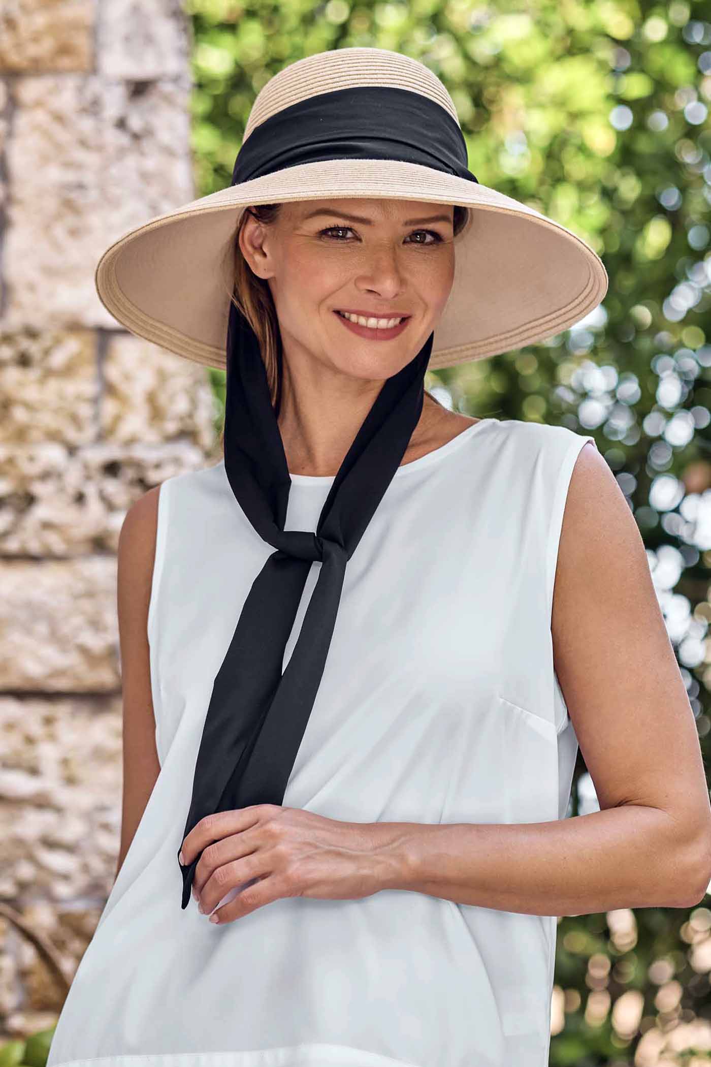 Women's Stella Fashion Hat with Scarves | Natural/Black/White UPF 50+