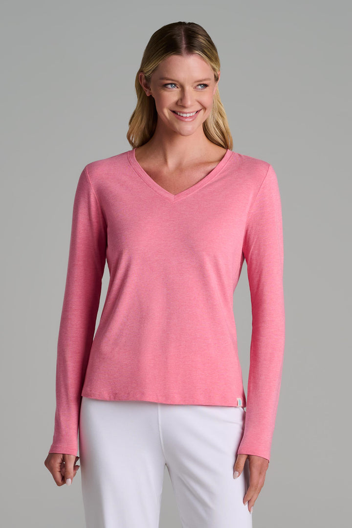 Women's V-Neck Long Sleeve T-Shirt | Flamingo Pink Heather