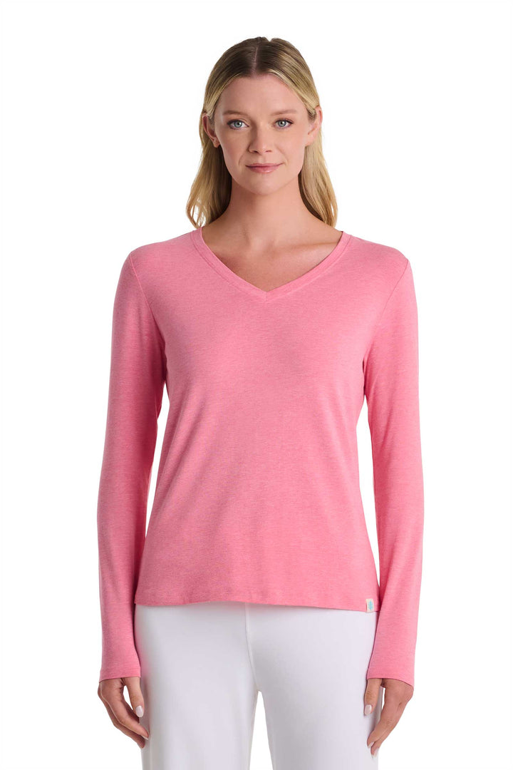 Women's V-Neck Long Sleeve T-Shirt | Flamingo Pink Heather