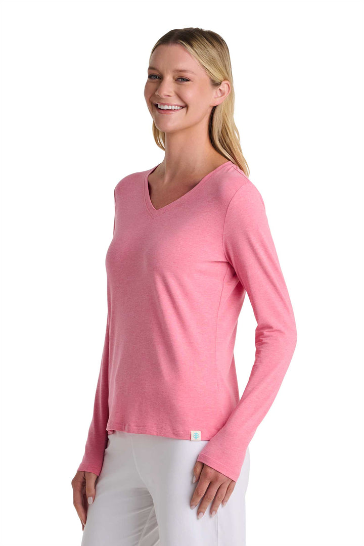 Women's V-Neck Long Sleeve T-Shirt | Flamingo Pink Heather