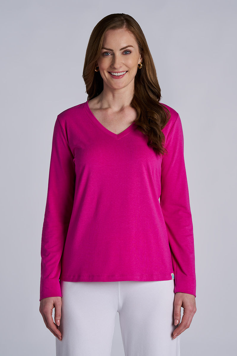 トップス t Women's Morada Everyday Long Sleeve V-Neck T-Shirt | Fuchsia UPF 50+