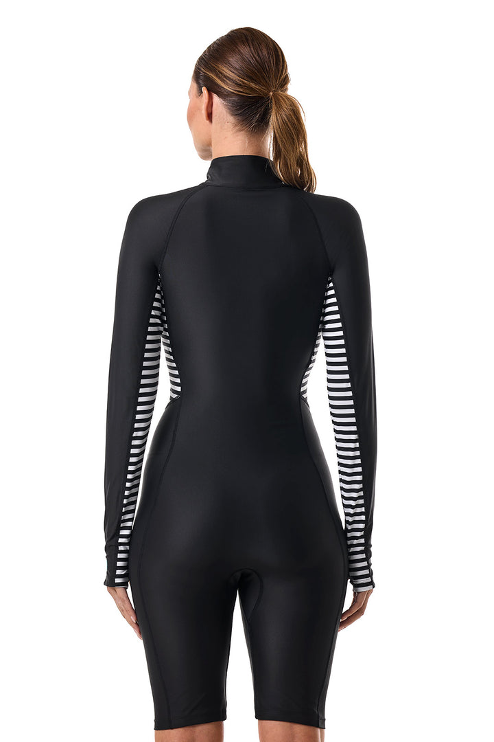 knee length swim dress Coolibar Women's Alana Knee Length Swimsuit, Black Colorblock, XL