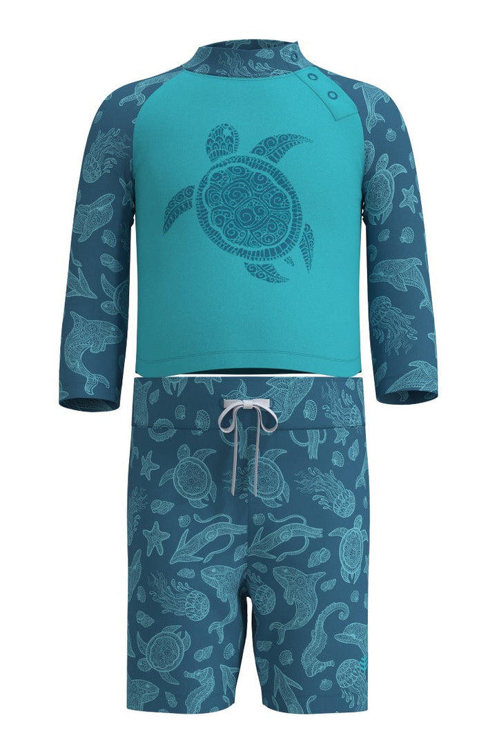 Boys Baby Swim Rash Guard Set | Blue Curacao Graphic - Swimming Turtle Graphic