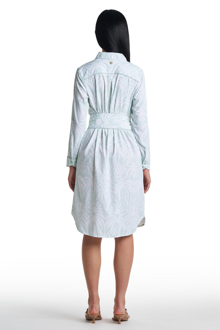 coolibar malta travel shirt dress Women's Malta Travel Shirt Dress | White/Misty Aqua Stripe | UPF 50+