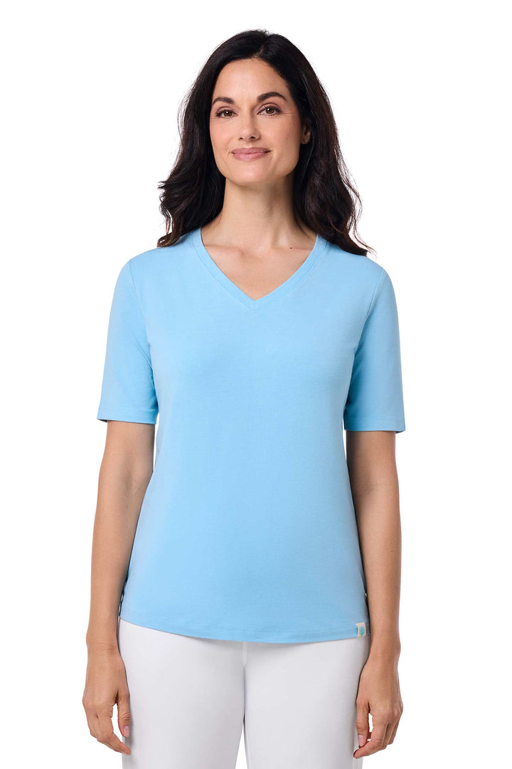 Amoretu Women's V-Neck Short Sleeve T-Shirt - Solid Color, Loose Fit, Rayon Spandex Blend
