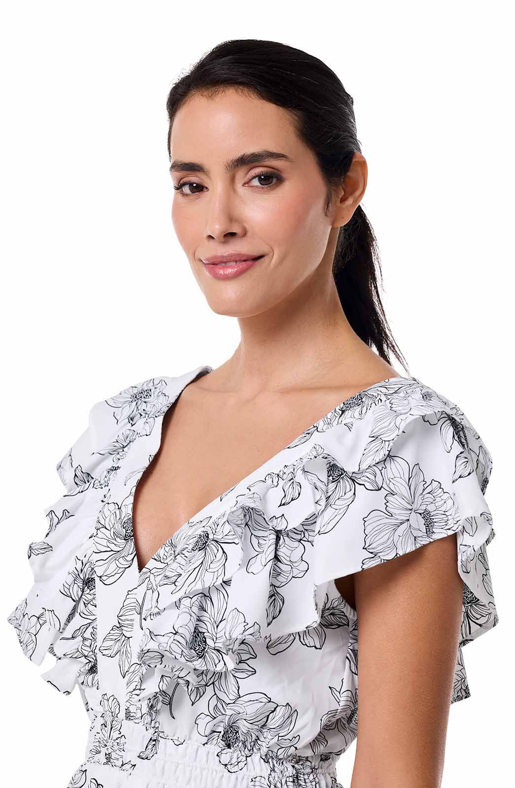 Women's South Cove V-Neck Ruffle Dress | White/Black Perfect Peony UPF 50+