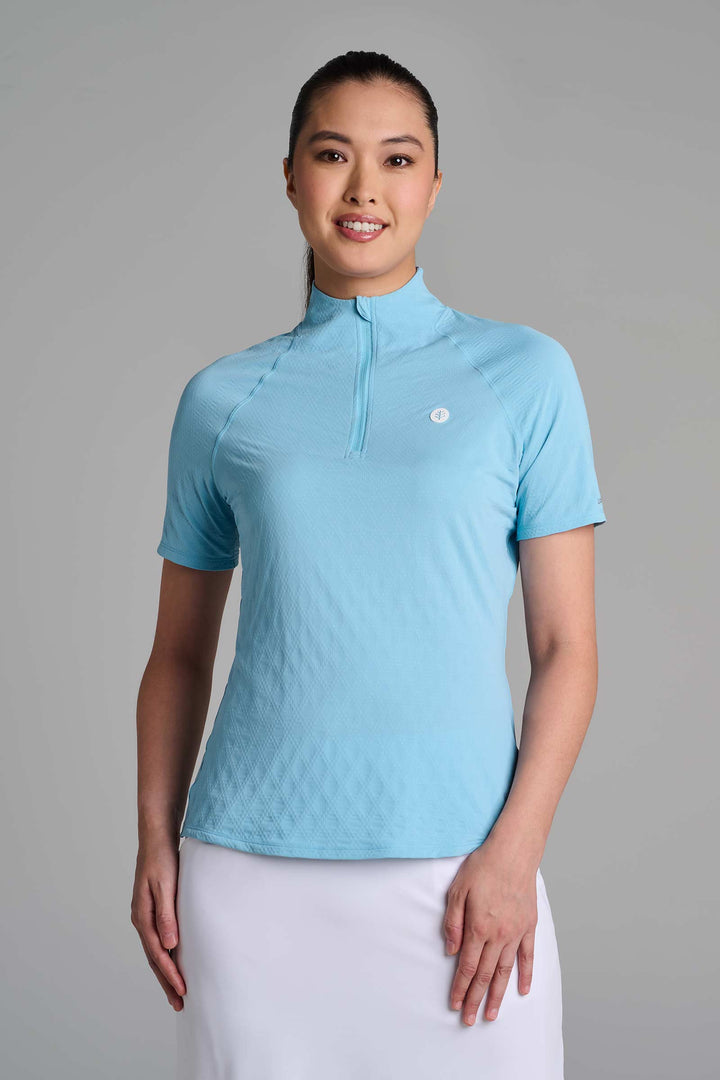 Women's Short Sleeve Golf Top with Mock Neck | Arctic Blue Diamond Jacquard