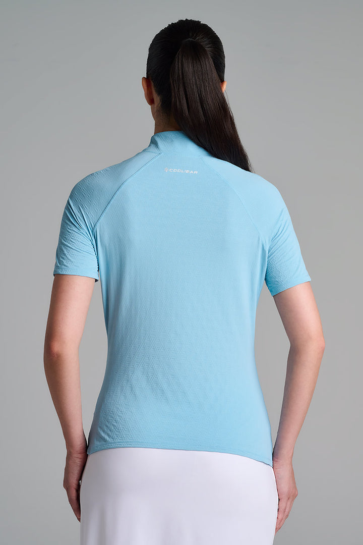 Women's Short Sleeve Golf Top with Mock Neck | Arctic Blue Diamond Jacquard