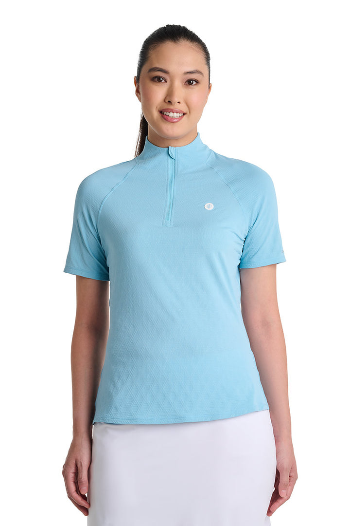 Women's Short Sleeve Golf Top with Mock Neck | Arctic Blue Diamond Jacquard