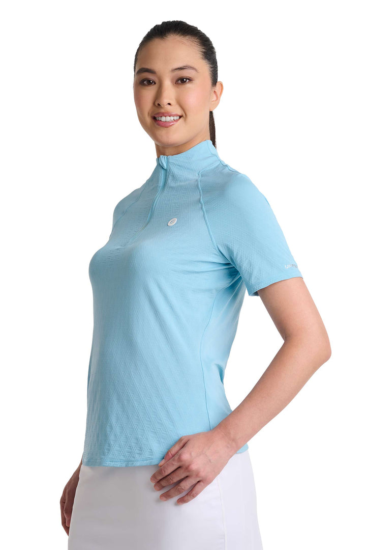 Women's Short Sleeve Golf Top with Mock Neck | Arctic Blue Diamond Jacquard