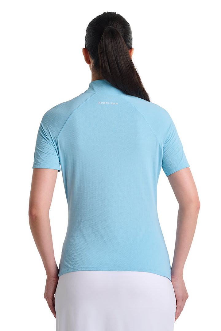 Women's Short Sleeve Golf Top with Mock Neck | Arctic Blue Diamond Jacquard