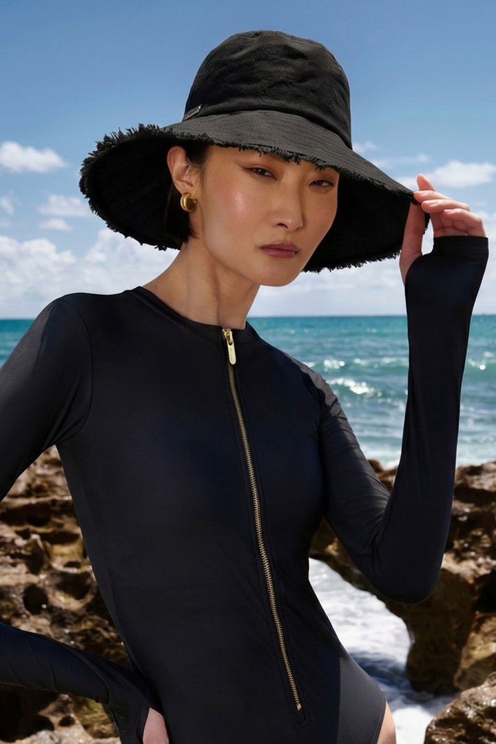 Charlotte Linen Fringe Sun Hat | Black UPF 50+ display picture 1