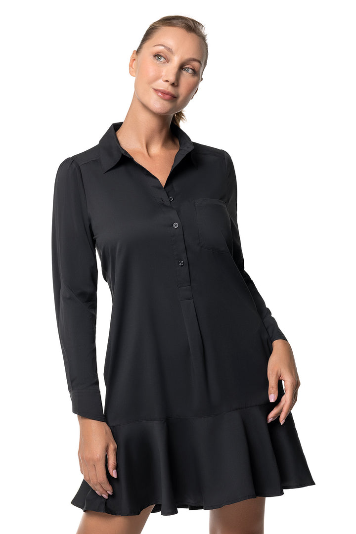 Coolibar Women's Castaneda Shirt Dress, Black, UPF50+, Swing Shape, Mini Length, Long Sleeves, Button Cuffs, Side Seam Pockets Coolibar Women's Castaneda Shirt Dress, Black, UPF50+, Swing Shape, Mini Length, Long Sleeves, Button Cuffs, Side Seam Pockets