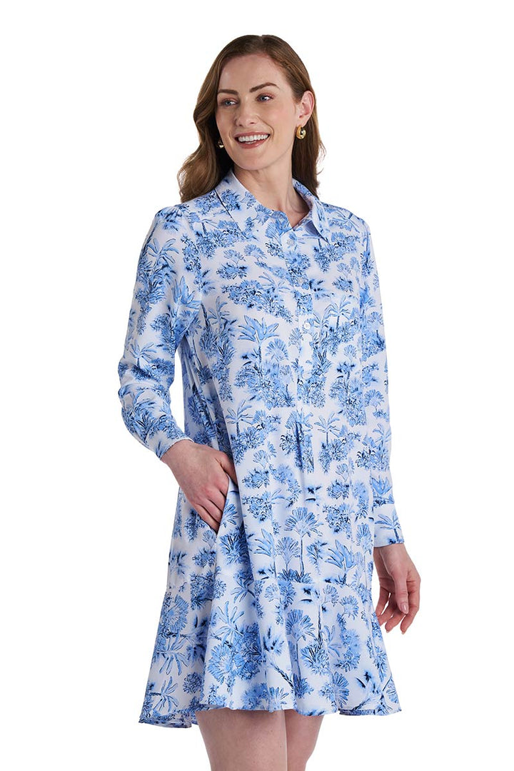 coolibar shirt dress Women's Malta Travel Dress | White/Navy Stripe
