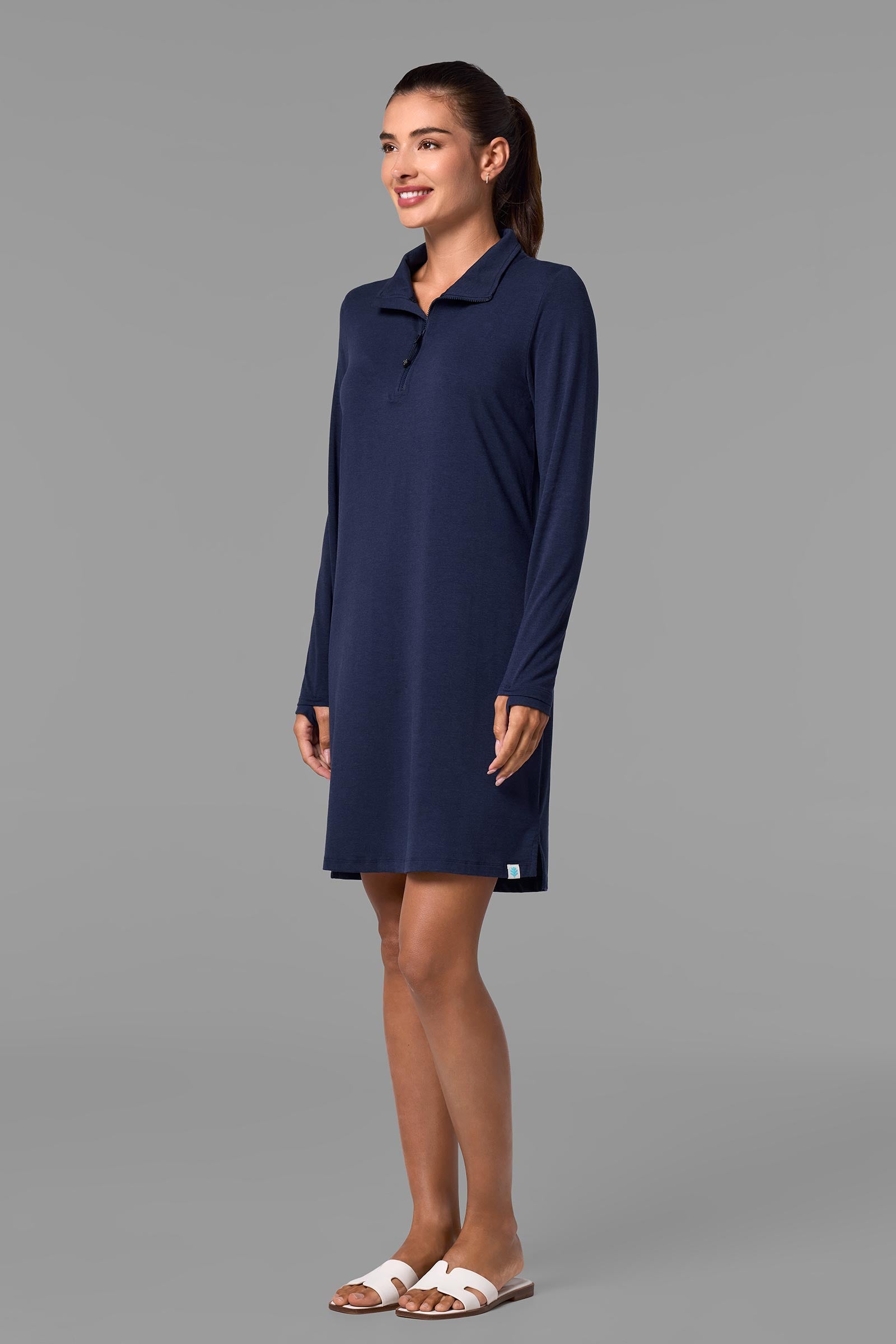 Coolibar Women's Quarter-Zip Dress, Navy, Relaxed Fit, Full-Length Sleeves