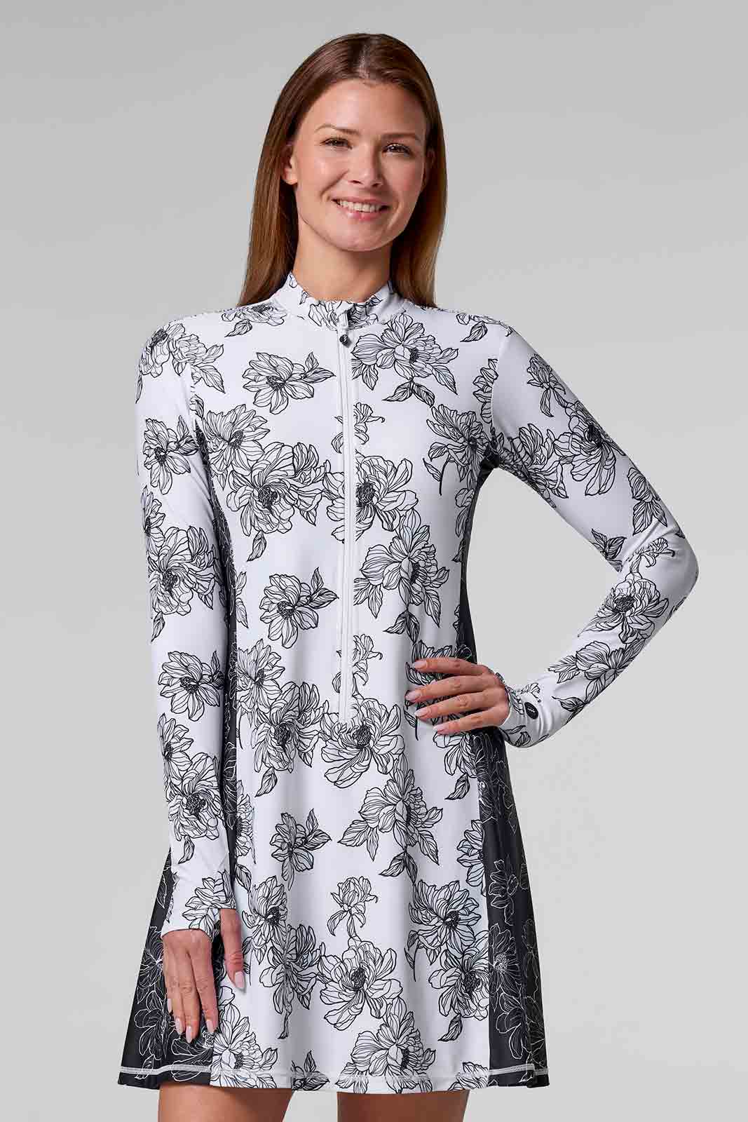 Women's Aspen Sunrise Long Sleeve Swim Dress | White/Black Colorblock UPF 50+ Women's Aspen Sunrise Long Sleeve Swim Dress | White/Black Colorblock UPF 50+