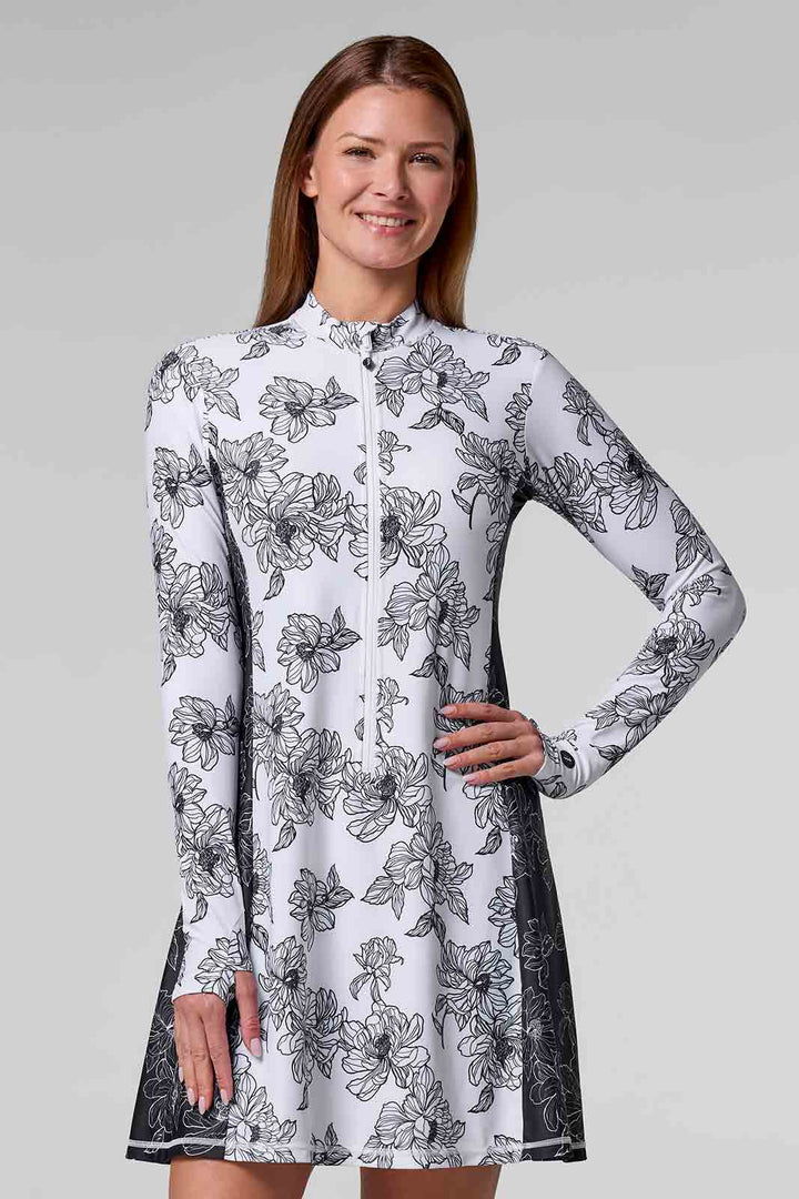 Women's Aspen Sunrise Long Sleeve Swim Dress | White/Black Colorblock UPF 50+ Women's Aspen Sunrise Long Sleeve Swim Dress | White/Black Colorblock UPF 50+