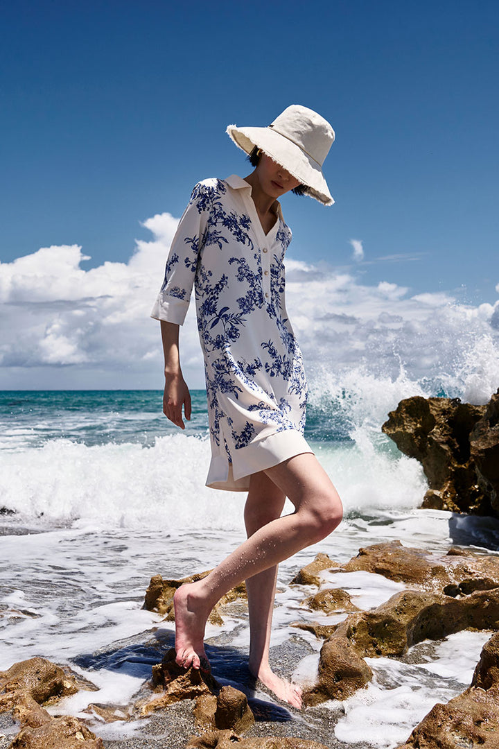 Coolibar Women's A-line Tunic Dress, Vanilla China Blue Damask, UPF50+, Size L Coolibar Women's A-line Tunic Dress, Vanilla China Blue Damask, UPF50+, Size L
