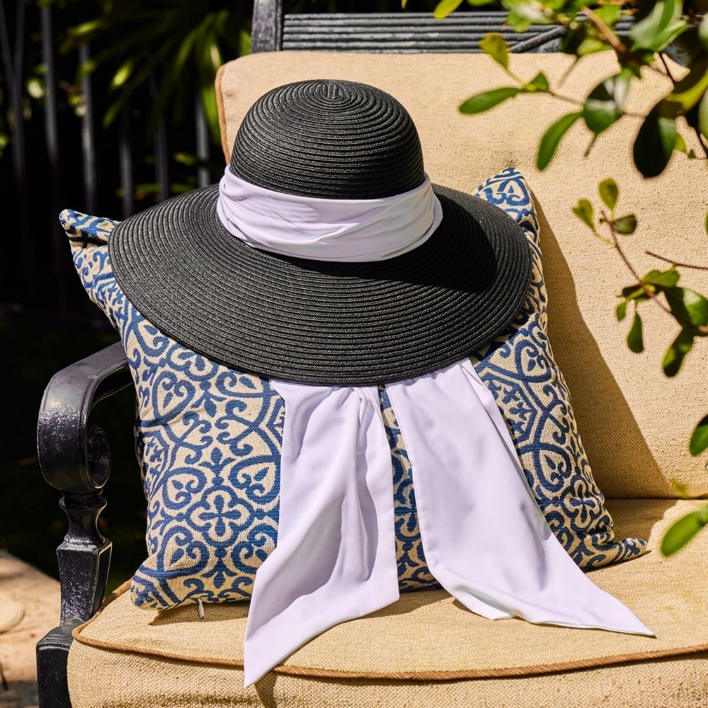 Women's Fashion Hat with Scarf | Black/Black & White UPF 50+