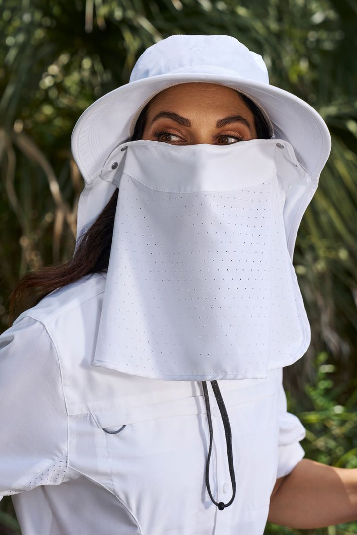 Sun Hat with Neck Flap & Clip-On Face Mask | White