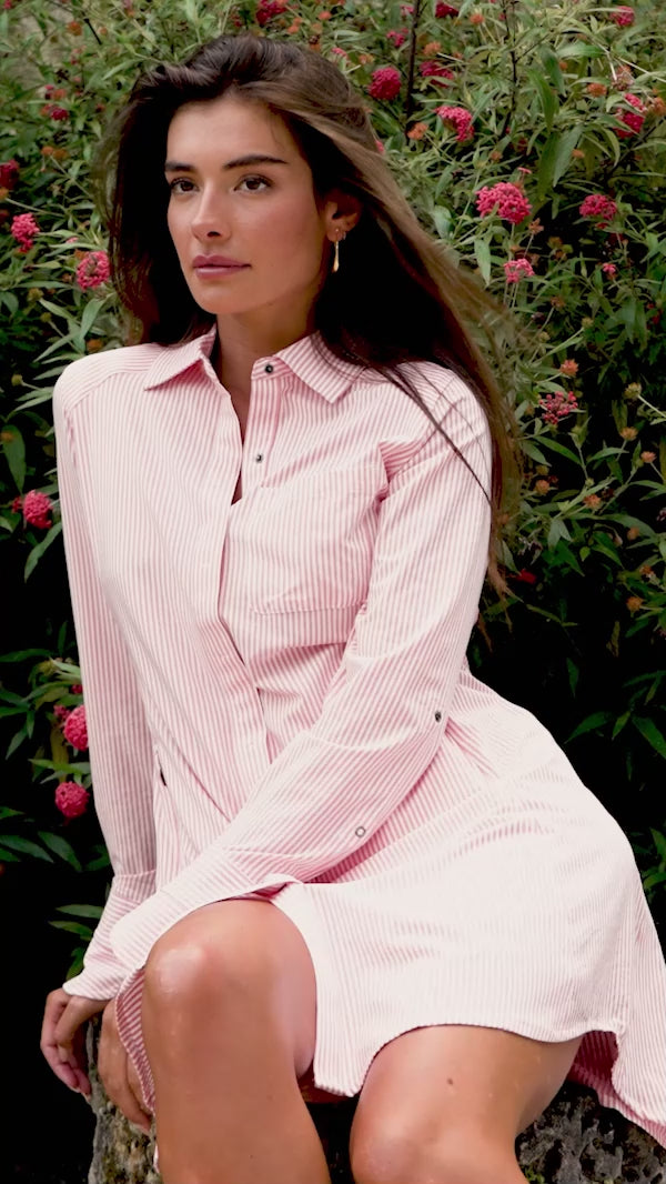 Travel Dress | White/Flamingo Pink Stripe